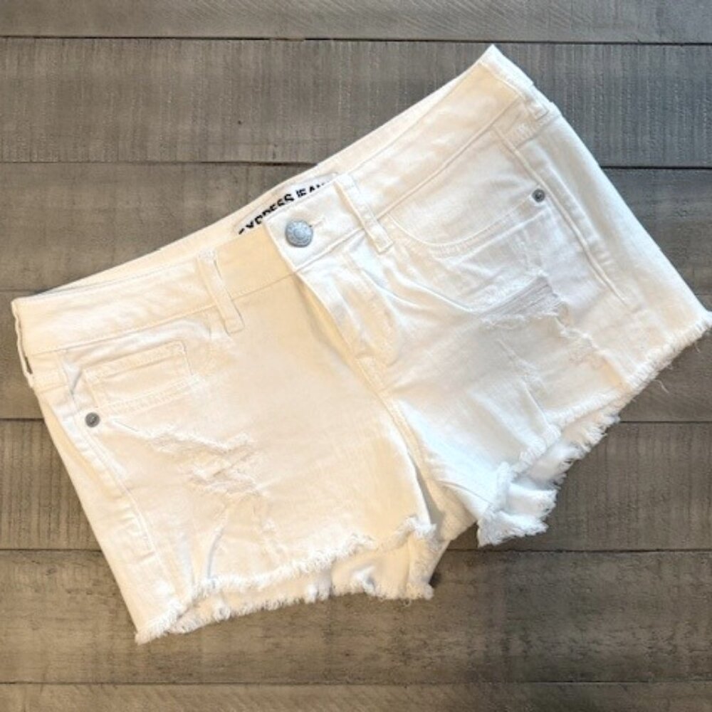 Express White Distressed Denim Frayed Shorts, Sz. 8